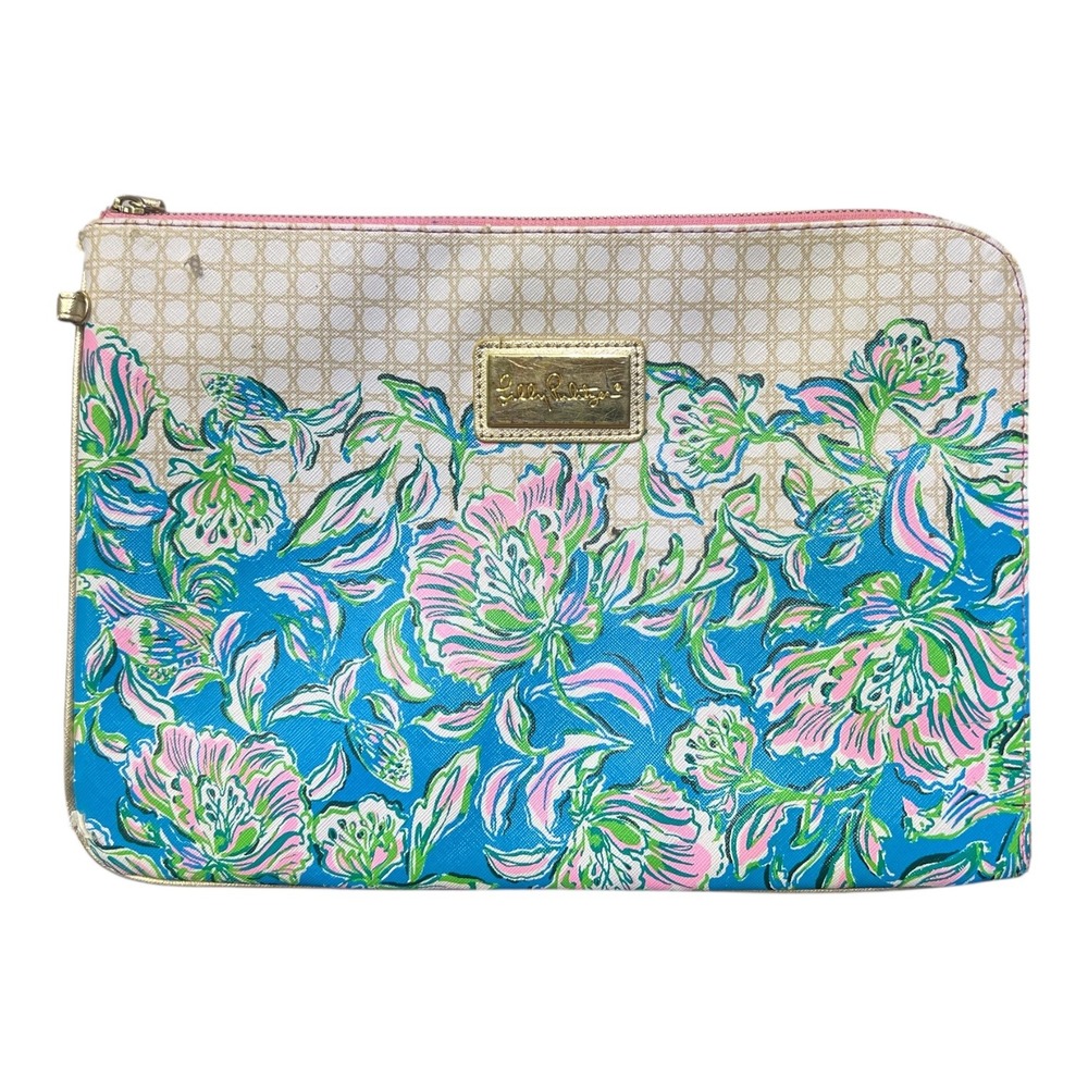 Lilly Pulitzer Floral Lattice Zip Pouch Wristlet Clutch Blue Pink Gold Trim